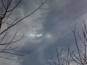 This is today's sundog. I see them all the time, because there is something prismatic in the SSE sky here.